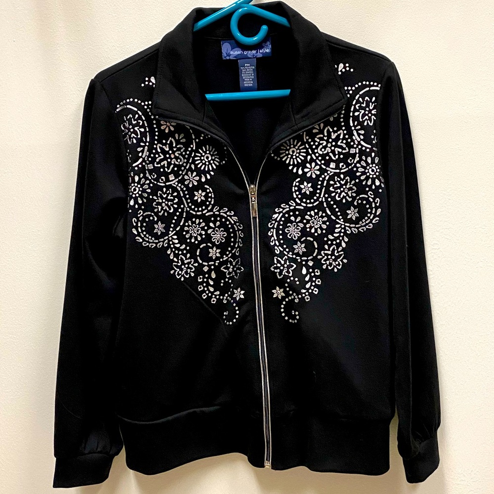 Susan Graver Black Fleece Jacket. Size Petite Med.